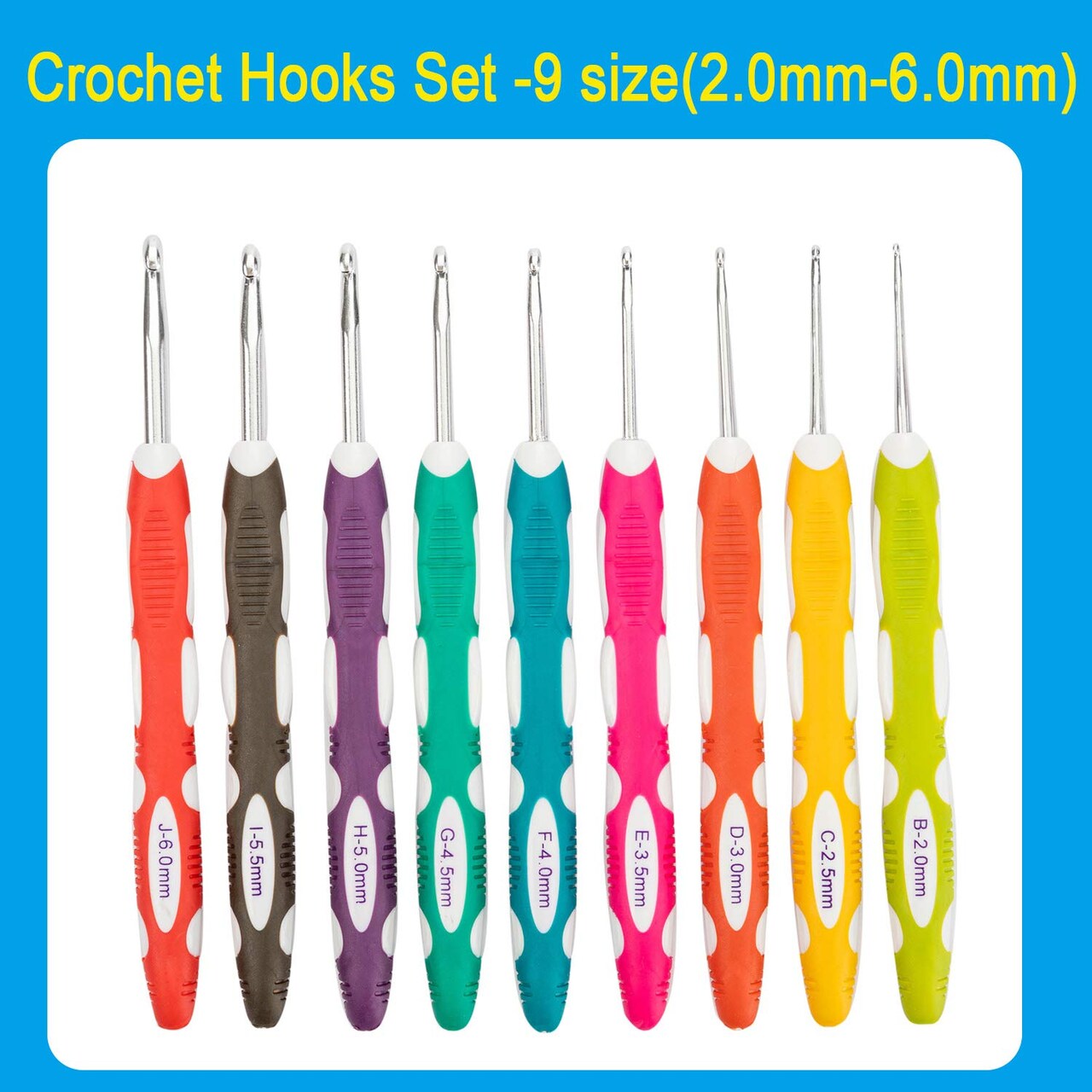 9 Pieces Longer Ergonomic Crochet Hook Set USA Standard Size B to J 2.0mm-6.0mm Smooth Soft Grip Handles Crochet Needles Knitting Needles for Arthritic Hands,Beginners and Experienced Crocheter